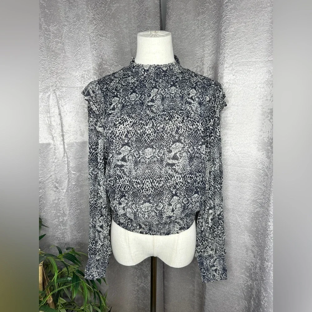 Free People Roma Chiffon Snake Combo Ruffle Puff Sleeve Blouse Black Sz S